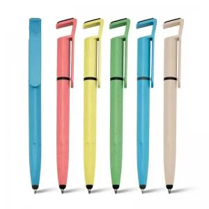 Caneta Ecológica com Ponteira Touch e Suporte para Celular Personalizado | Dimensões (L x A x P): 1.8 x 15.0 x 1.1 | Peso = 12 g