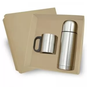 Conjunto com Garrafa Térmica  e Caneca Personalizada | Dimensões (L x A x P): 21.8 x 22.8 x 8.7 | Peso = 500 g