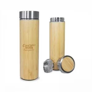 Garrafa Térmica Revestida em Bambu Personalizada | Dimensões (L x A x P): 6.9 x 24.4 x 6.9 | Peso = 333 g