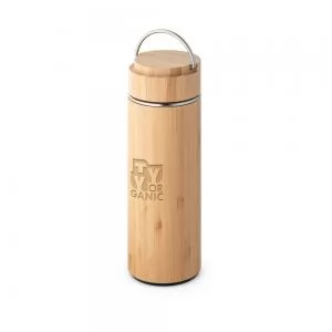 Garrafa Térmica Revestida em Bambu Personalizada | Dimensões (L x A x P): 7.0 x 21.5 x 7.0 | Peso = 420 g