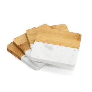 Porta Copo em Bambu e Mármore com 4 Peças Personalizado | Dimensões (L x A x P): 10.7 x 4.7 x 10.7 | Peso = 715 g