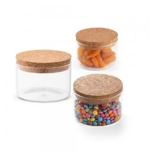 Pote de Vidro Ecológico com Tampa de Cortiça Personalizado | Dimensões (L x A x P): 9.5 x 6.5 x 9.5 | Peso = 140 g